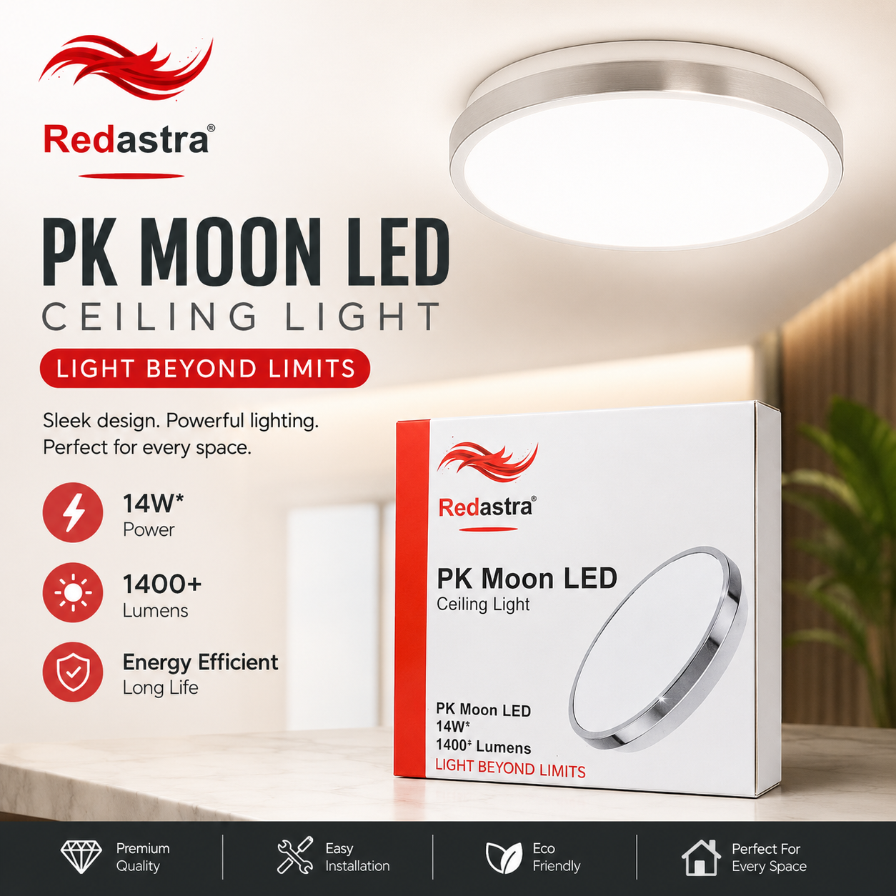 Redastra PK Moon LED Ceiling Light 14W | 1400 Lumens Energy Saving Light