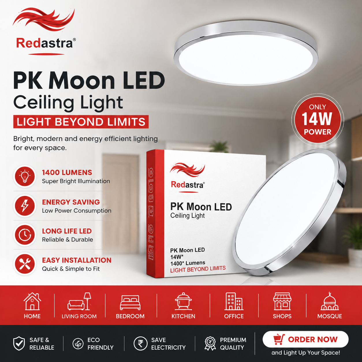 Redastra PK Moon LED Ceiling Light 14W | 1400 Lumens Energy Saving Light