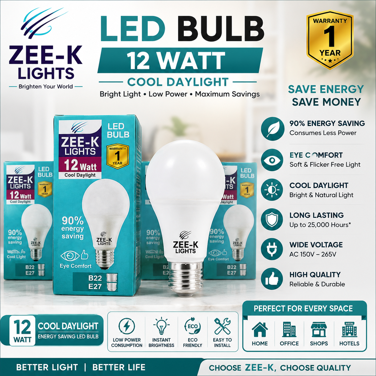 ZEE-K Lights 12W LED Bulb | Energy Saving Cool Daylight B22/E27