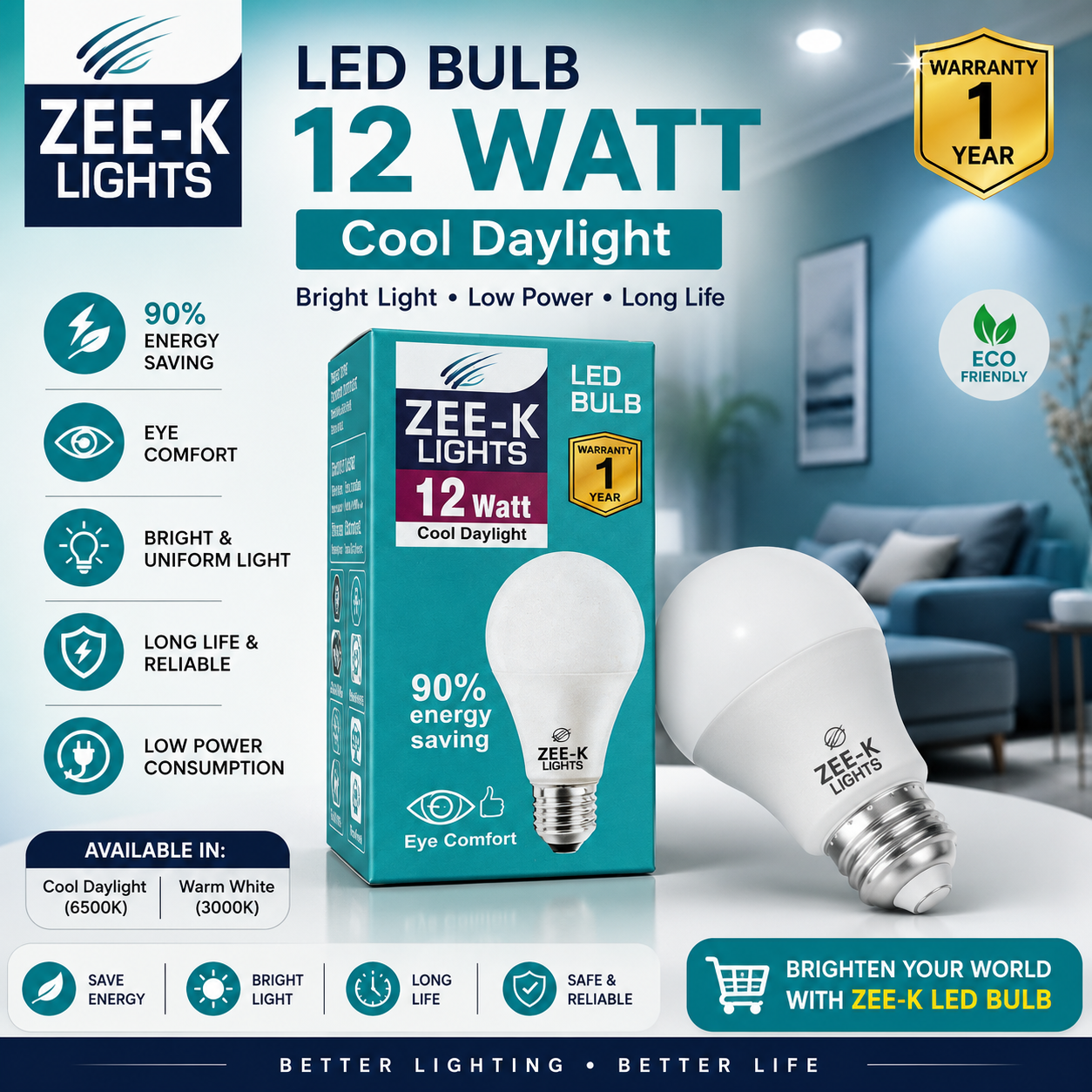 ZEE-K Lights 12W LED Bulb | Energy Saving Cool Daylight B22/E27