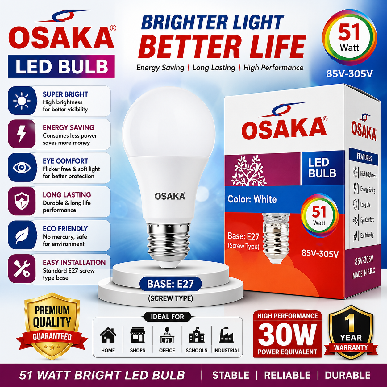 OSAKA 51W LED Bulb – E27 Screw Type | Super Bright Energy Saving Bulb