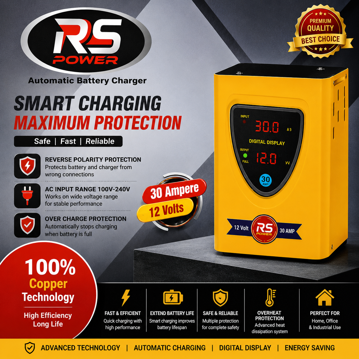 RS Power Automatic Battery Charger 30A 12V Digital Smart Charger | 100% Copper Technology