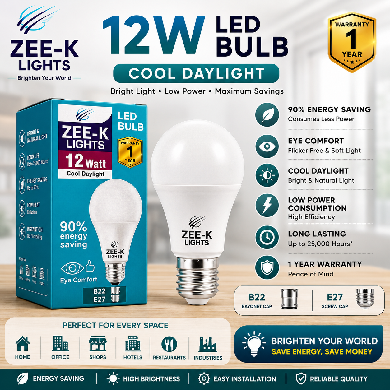 ZEE-K Lights 12W LED Bulb | Energy Saving Cool Daylight B22/E27