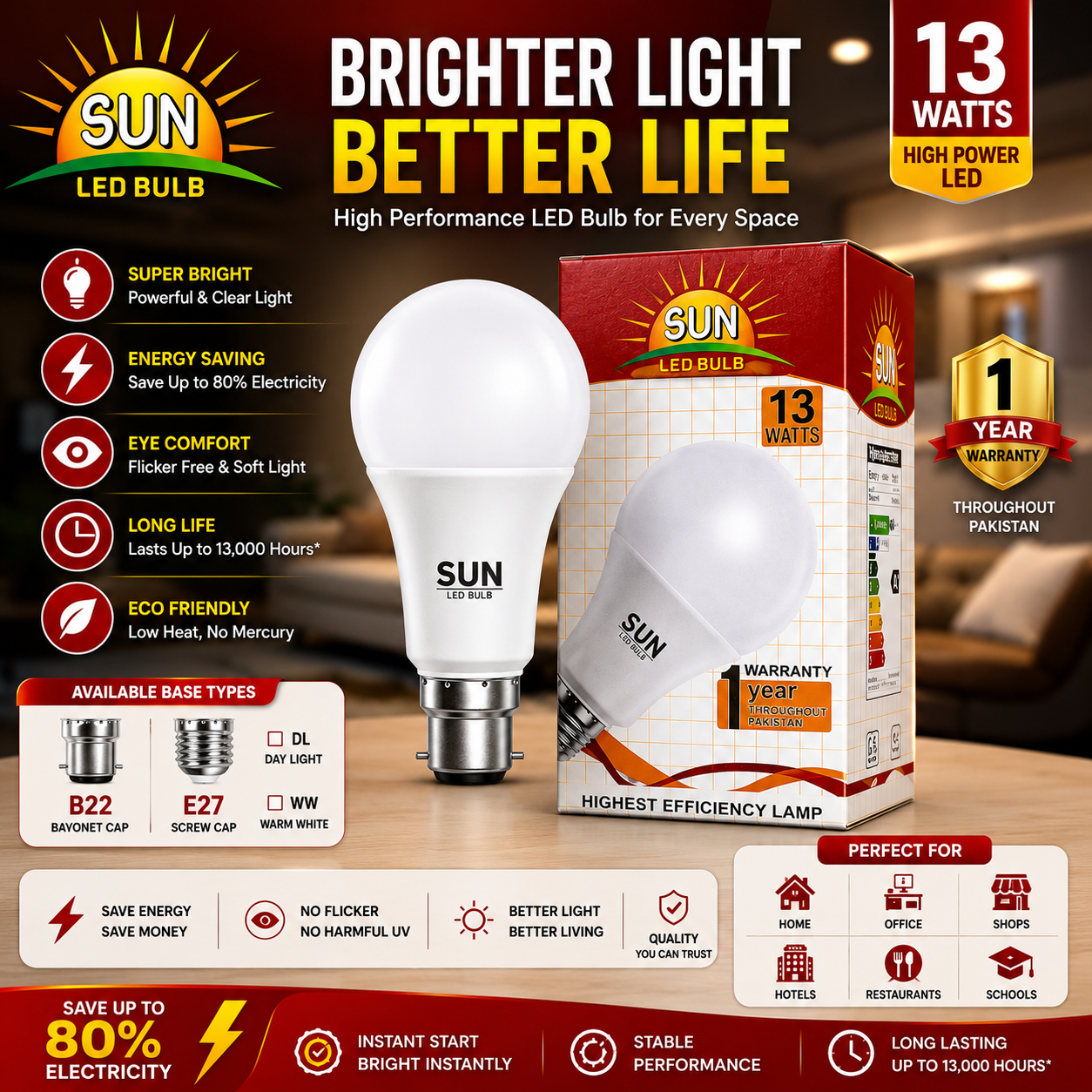 SUN LED Bulb 13W E27 | Energy Saving High Brightness LED Bulb