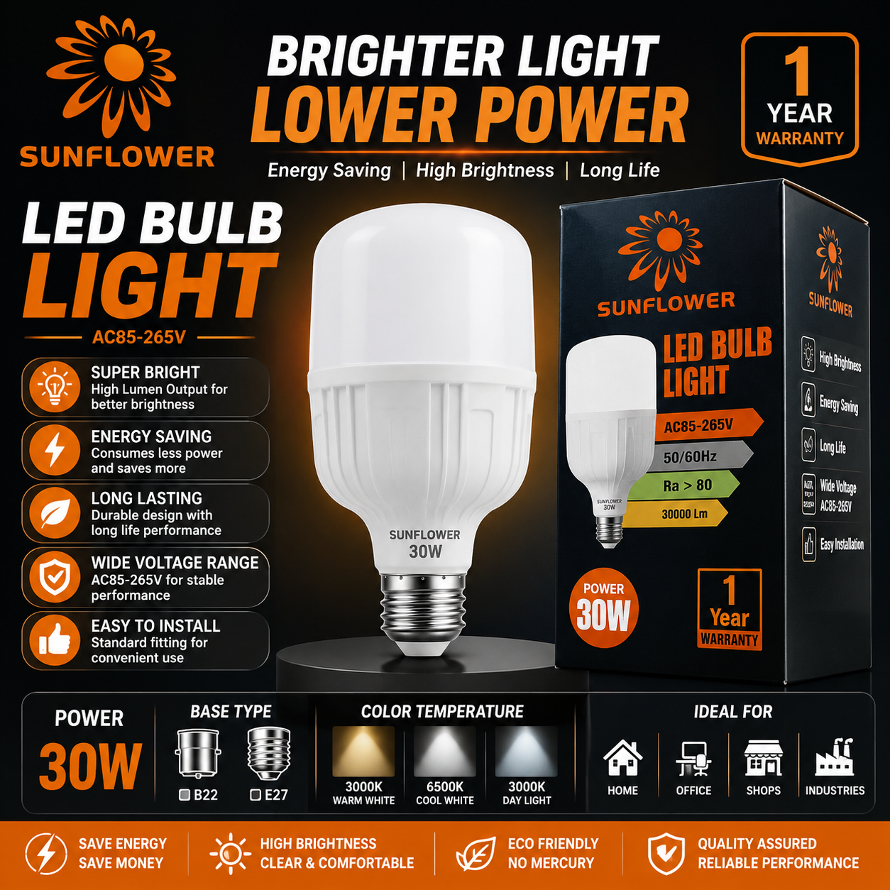 SUNFLOWER 30W LED Bulb – E27 Screw Base | High Brightness Energy Saving Light