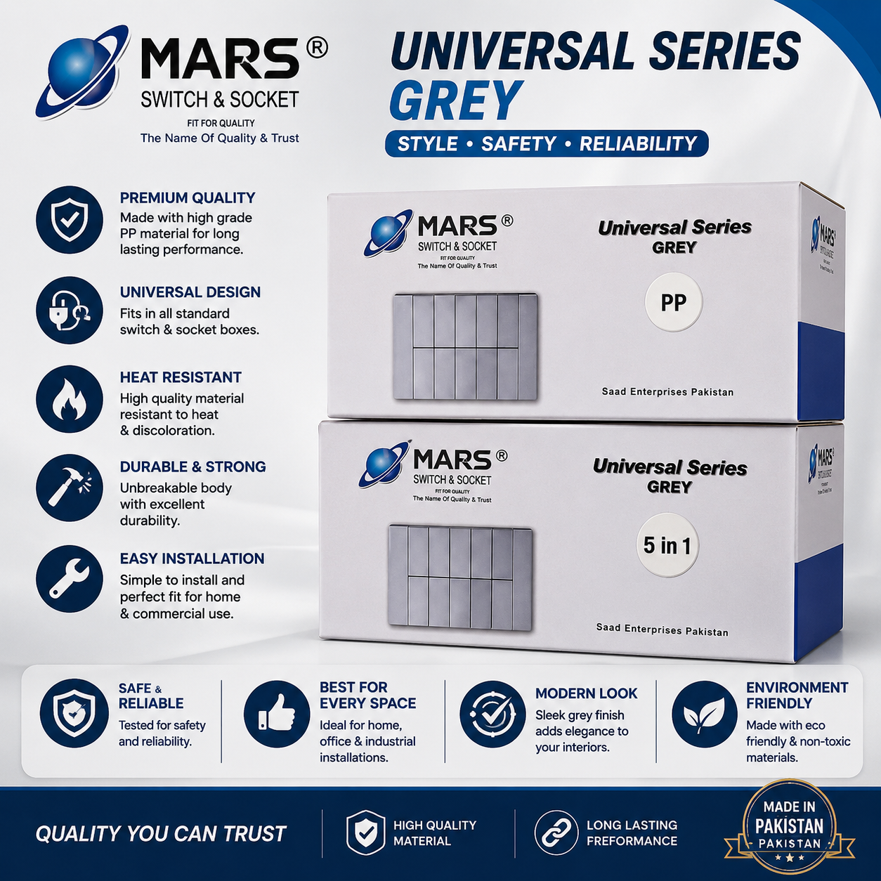 MARS Universal Series Grey 5 in 1 Modular Switch Plate