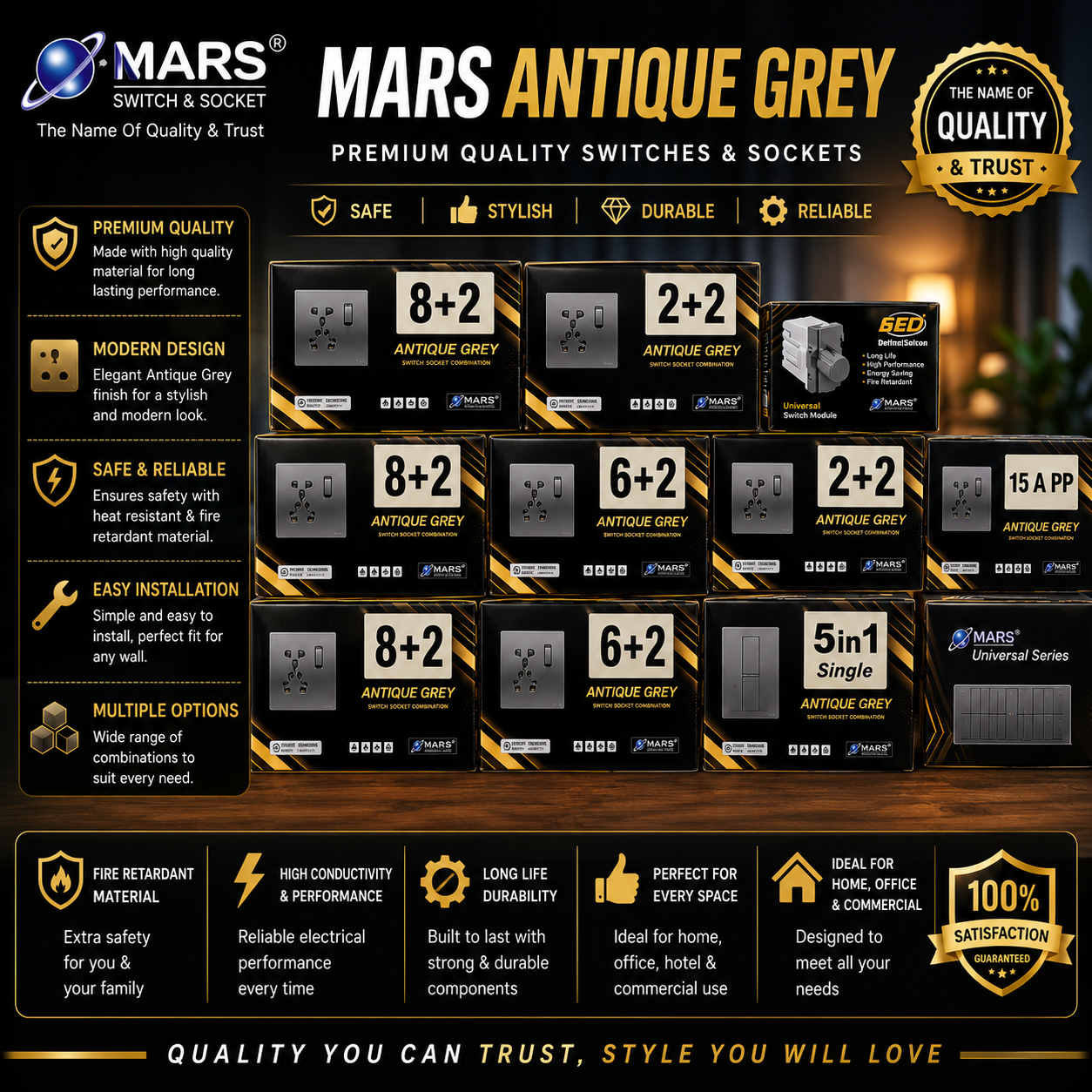 MARS Antique Grey Modular Switch & Socket Series (Multiple Variants)