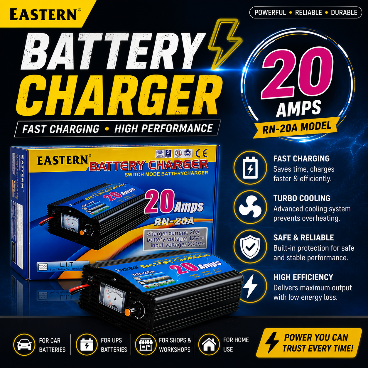 Eastern 20A Battery Charger RN-20A – 12V Heavy Duty Fast Charging Machine