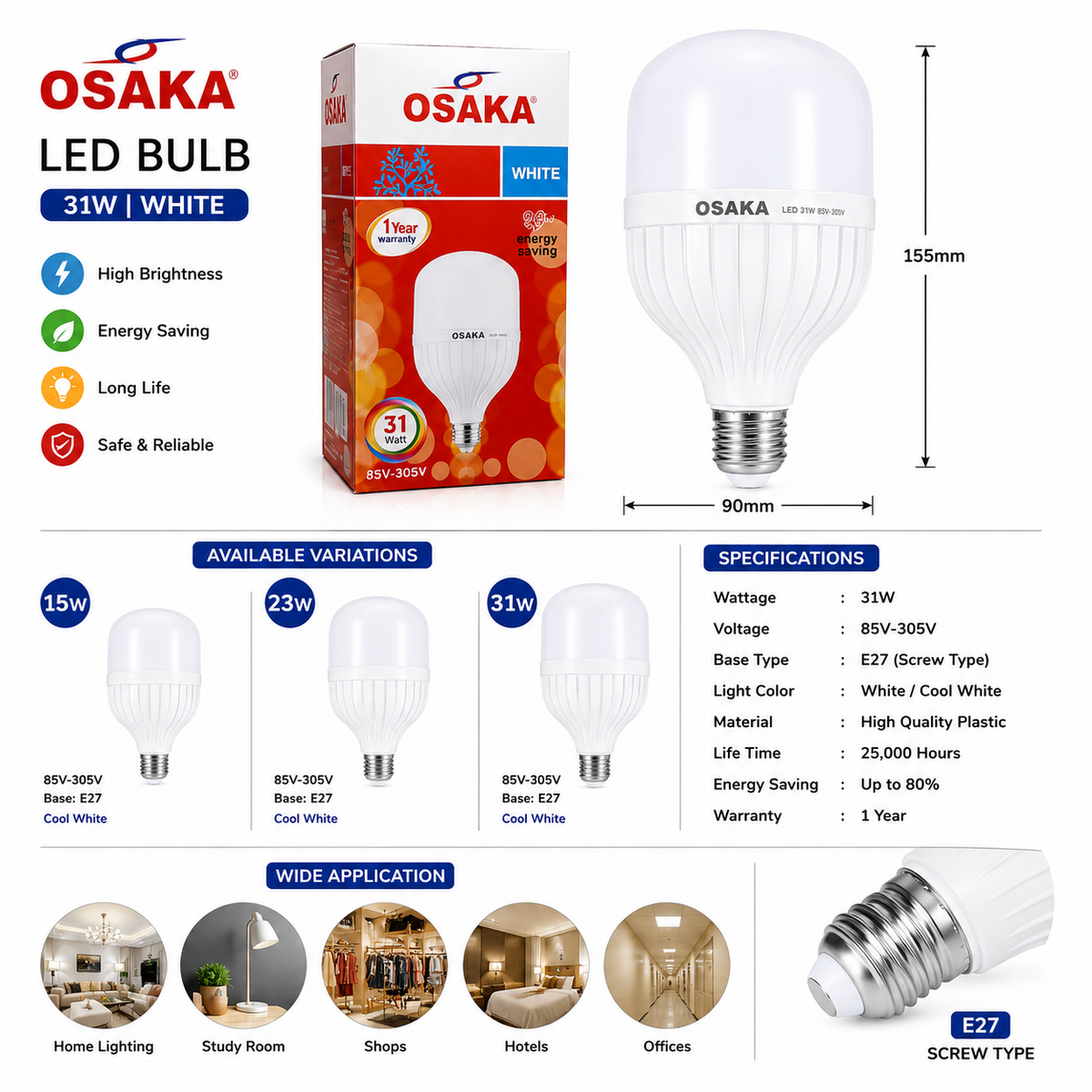 OSAKA 51W LED Bulb – E27 Screw Type | Super Bright Energy Saving Bulb